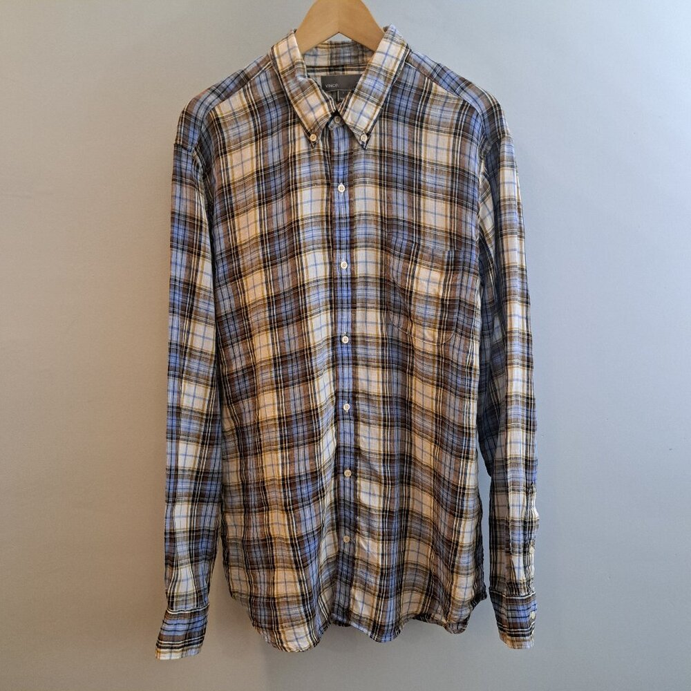 Vince Men's Large 100% Linen Long Sleeve Button Down Plaid Shirt Style M13081062 - Picture 2 of 15